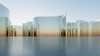 Soyut mimari arkaplan, Eğri Cam veya Metalik İnşaat Duvarı boş beton zemin, araba sunumu için sahne, Modern Dış görünüş, 3D görüntüleme