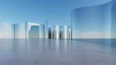 Soyut mimari arkaplan, Eğri Cam veya Metalik İnşaat Duvarı boş beton zemin, araba sunumu için sahne, Modern Dış görünüş, 3D görüntüleme