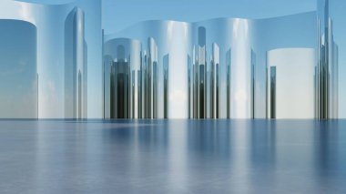 Soyut mimari arkaplan, Eğri Cam veya Metalik İnşaat Duvarı boş beton zemin, araba sunumu için sahne, Modern Dış görünüş, 3D görüntüleme