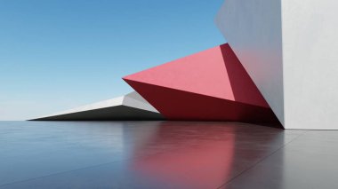 Soyut mimari arkaplan, boş beton zemin üzerinde Red Beton Duvarı, araba sunumu için sahne, Modern Dış görünüş, 3D görüntüleme