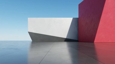 Soyut mimari arkaplan, boş beton zemin üzerinde Red Beton Duvarı, araba sunumu için sahne, Modern Dış görünüş, 3D görüntüleme