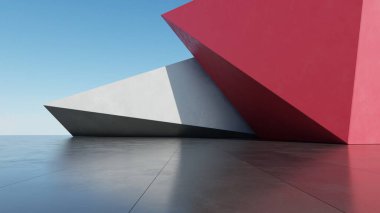 Soyut mimari arkaplan, boş beton zemin üzerinde Red Beton Duvarı, araba sunumu için sahne, Modern Dış görünüş, 3D görüntüleme