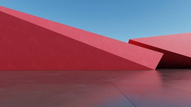 Soyut mimari arkaplan, boş beton zemin üzerinde Red Beton Duvarı, araba sunumu için sahne, Modern Dış görünüş, 3D görüntüleme