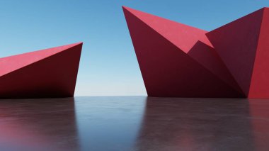Soyut mimari arkaplan, boş beton zemin üzerinde Red Beton Duvarı, araba sunumu için sahne, Modern Dış görünüş, 3D görüntüleme