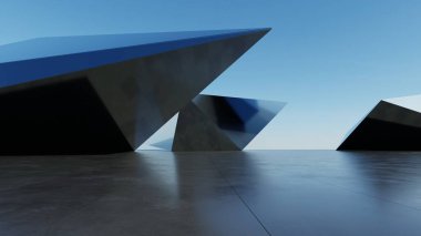 Soyut mimari arkaplan, cam veya metalik bina boş beton zemin, araba sunumu için sahne, Modern Dış görünüş, 3D görüntüleme