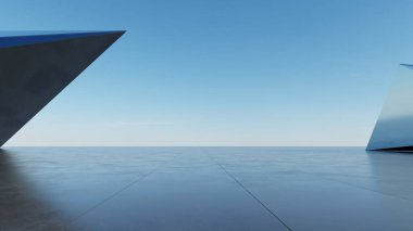 Soyut mimari arkaplan, cam veya metalik bina boş beton zemin, araba sunumu için sahne, Modern Dış görünüş, 3D görüntüleme