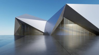 Soyut mimari arkaplan, Titanium Binası, Cam veya metalik bina boş beton zemin, araba sunumu için sahne, Modern Dış görünüş, 3D görüntüleme