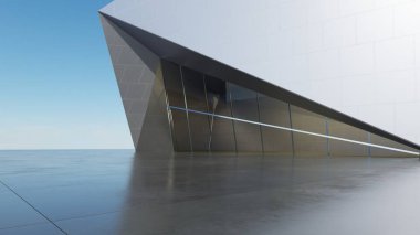 Soyut mimari arkaplan, Titanium Binası, Cam veya metalik bina boş beton zemin, araba sunumu için sahne, Modern Dış görünüş, 3D görüntüleme