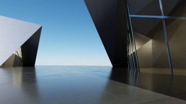 Soyut mimari arkaplan, Titanium Binası, Cam veya metalik bina boş beton zemin, araba sunumu için sahne, Modern Dış görünüş, 3D görüntüleme