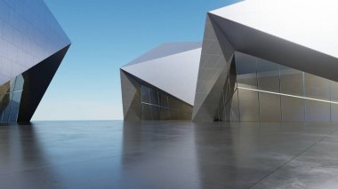 Soyut mimari arkaplan, Titanium Binası, Cam veya metalik bina boş beton zemin, araba sunumu için sahne, Modern Dış görünüş, 3D görüntüleme