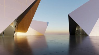 Soyut mimari arkaplan, Titanium Binası, Cam veya metalik bina boş beton zemin, araba sunumu için sahne, Modern Dış görünüş, 3D görüntüleme