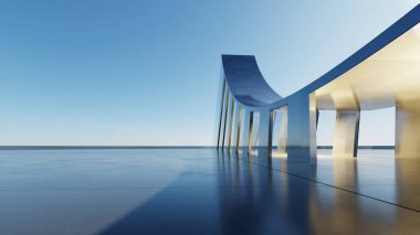Modern mimari eğimli cam cephe yansıtıcı zemin mavi gökyüzü minimalizmi rıhtımın yanında, boş plaza, 3D görüntüleme.