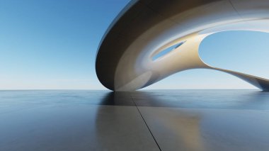 Gelecekçi mimari pavyonu beton eğri okyanus ufku yansıtıcı zemin gökyüzü geniş alan, temiz tasarım, parlak gün ışığı