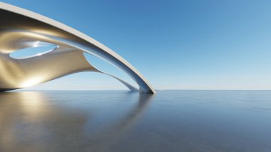 Modern mimari eğri yapısı okyanus ufku minimalizm fütüristik tasarım arka plan, sakin deniz üzerindeki metalik tepe örtüsü, temiz geometri