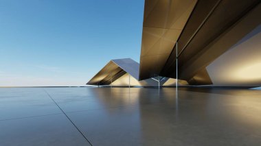 Soyut mimari arka plan, Titanyum kaplama cephesi, cam ya da metalik bina boş beton zemin, araba sunumu için sahne, Modern Dış görünüş, 3D görüntüleme