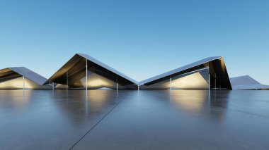 Soyut mimari arka plan, Titanyum kaplama cephesi, cam ya da metalik bina boş beton zemin, araba sunumu için sahne, Modern Dış görünüş, 3D görüntüleme