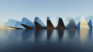 Soyut mimari arka plan, Titanium Geometric Building, Glass veya metalik bina boş beton zemin, araba sunumu için sahne, Modern Dış görünüş, 3D görüntüleme