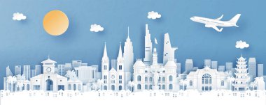 Panorama view of Ho Chi Minh City, Vietname with temple and city skyline with world famous landmarks in paper cut style vector illustration