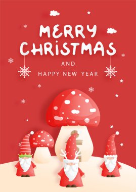 Tebrik kartı seti. Uzun şapkalı üç komik cüce, Noel sahnesi. Kar taneleriyle kağıt kesim biçimi. 