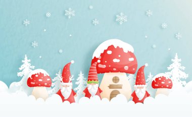 Tebrik kartı seti. Uzun şapkalı üç komik cüce, Noel sahnesi. Kar taneleriyle kağıt kesim biçimi. 