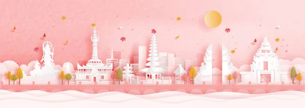 Autumn Denpasar Bali Indonesia Falling Maple Leaves World Famous Landmarks — Vector de stock