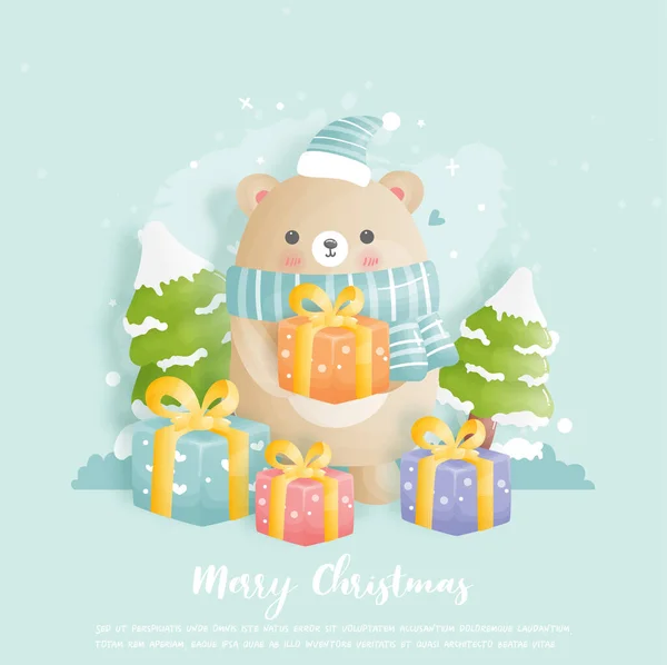 Christmas Card Celebrations Cute Bear Holding Gift Box Vector Illustration — Stock Vector