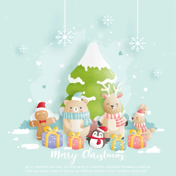 Christmas Card Celebrations Bear Rabbit Reindeer Snow Forest Vector Illustration — Vector de stock