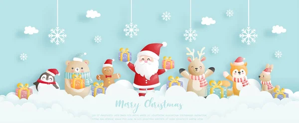 Christmas Card Celebrations Santa Friends Christmas Scene Paper Cut Style — Stock Vector