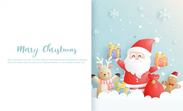 Weihnachtskarte Feiern Mit Dem Weihnachtsmann Und Freunden Weihnachtsszene — Stockvektor