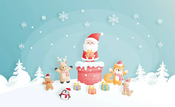 Tarjeta Navidad Celebraciones Con Lindo Santa Amigos Una Chimenea Escena — Vector de stock