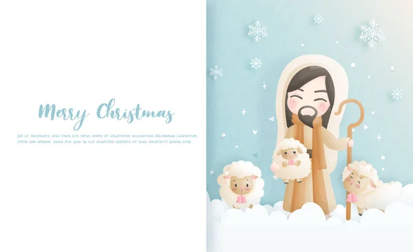 Tarjeta Navidad Celebraciones Con Jesucristo Sus Ovejas Ilustración Vectorial — Vector de stock
