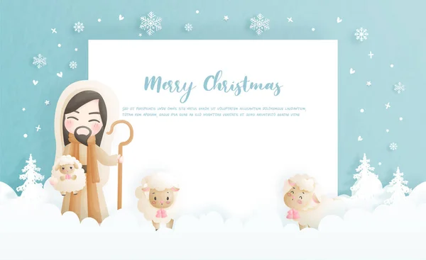 Tarjeta Navidad Celebraciones Con Jesucristo Sus Ovejas Ilustración Vectorial — Vector de stock