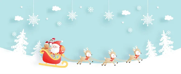 Karácsonyi Üdvözlőlap Ünnepségek Mikulás Rénszarvas Kosárban Karácsonyi Jelenet Banner Papír — Stock Vector
