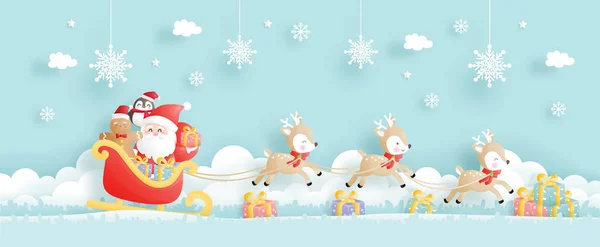 Christmas Card Celebrations Santa Reindeer Cart Christmas Scene Banner Paper — Stock Vector