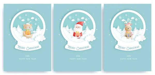 Conjunto Tarjeta Navidad Celebraciones Con Renos Santa Cerveza Zorro Celebración — Vector de stock