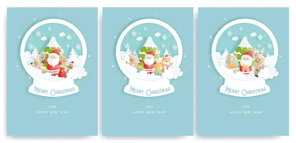 Zestaw Kartek Świątecznych Kartki Powitalne Nowego Roku Cute Santa Klauzuli — Wektor stockowy