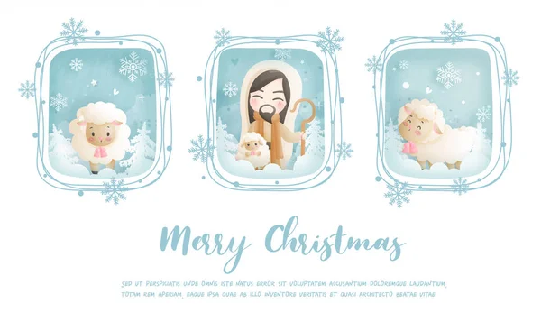 Tarjeta Navidad Celebraciones Con Jesucristo Sus Ovejas Ilustración Vectorial — Vector de stock