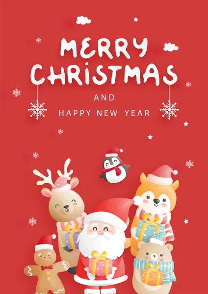 Kartka Świąteczna Uroczystości Mikołajem Przyjaciółmi Sceną Świąteczną — Wektor stockowy
