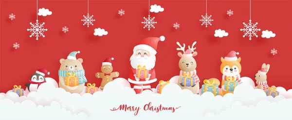 Karácsonyi Üdvözlőlap Ünnepségek Mikulás Barátai Karácsonyi Jelenet Banner Papír Vágott — Stock Vector