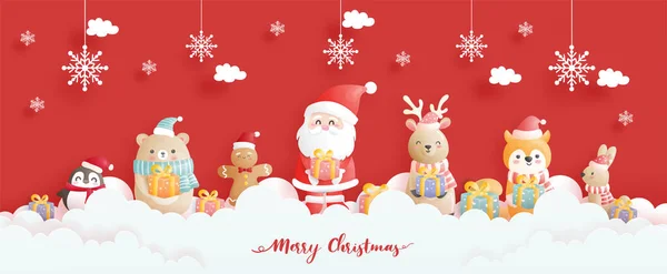 Noel kartı, Noel Baba 'yla kutlamalar ve kağıt kesme stili illüstrasyonunda afiş için Noel sahnesi olan arkadaşlar.. 