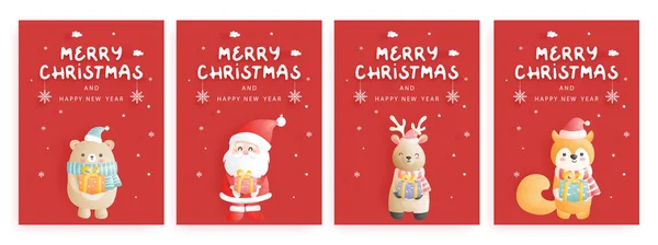 Noel kartı seti, Ren geyiği, Noel Baba, bira ve tilki hediye paketi, mavi Noel sahnesinde, kağıt kesiği tarzı vektör çizimi. 