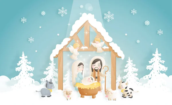 Dessin Animé Noël Avec Enfant Jésus Marie Joseph Dans Crèche — Image vectorielle