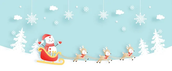 Christmas Scene Banner Snowman Christmas Cart Reindeer Papercut Vector Illustration — Stock Vector