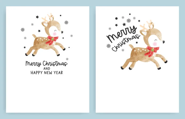 Christmas Card Set Christmas Tree Reindeer Watercolor Vector Illustration — Stock Vector