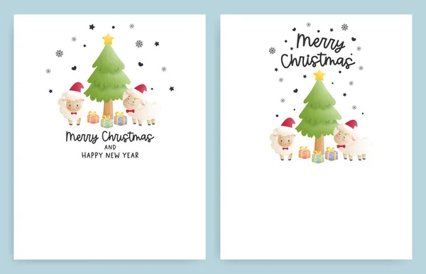 Christmas Card Set Christmas Tree Cute Sheep Vector Illustration — Stock Vector