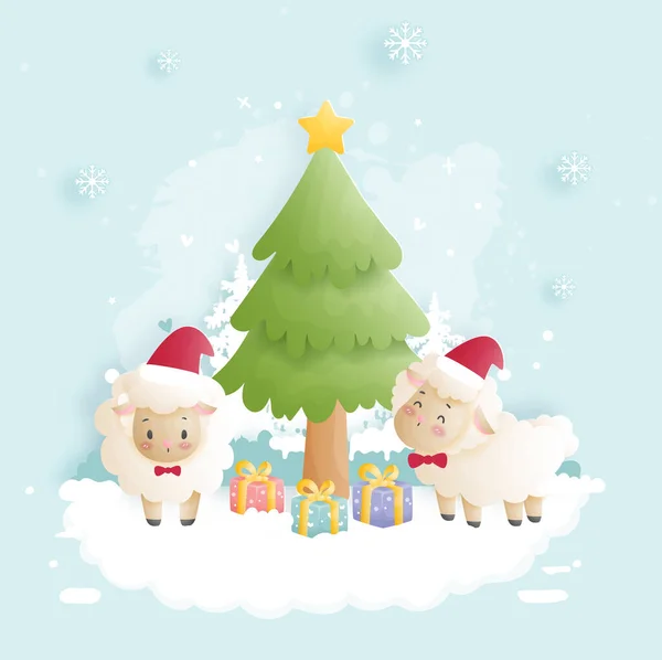 Рождественская Открытка Милыми Овцами Елкой Весёлая Рождественская Векторная Иллюстрация — стоковый вектор