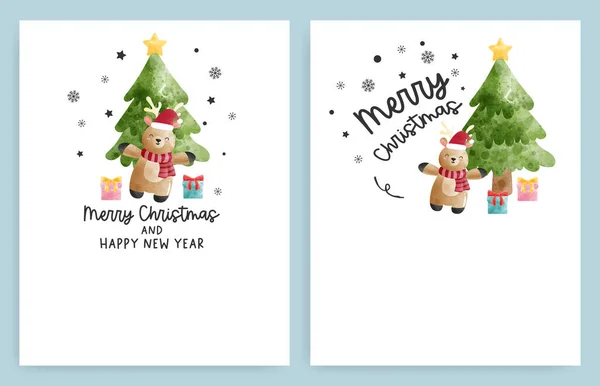 Celebración Navidad Con Renos Árbol Navidad Ilustración Vector Acuarela — Vector de stock