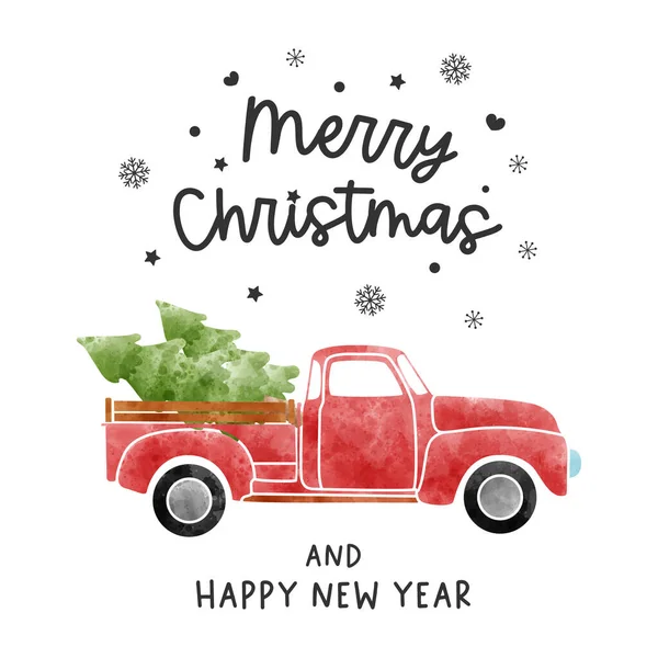 Weihnachtskarte Mit Auto Und Weihnachtsbaum Aquarell Vektorillustration — Stockvektor