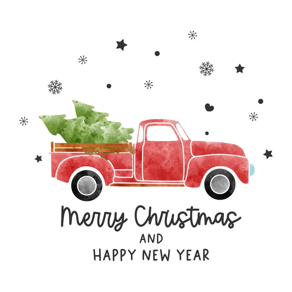 Weihnachtskarte Mit Auto Und Weihnachtsbaum Aquarell Vektorillustration — Stockvektor