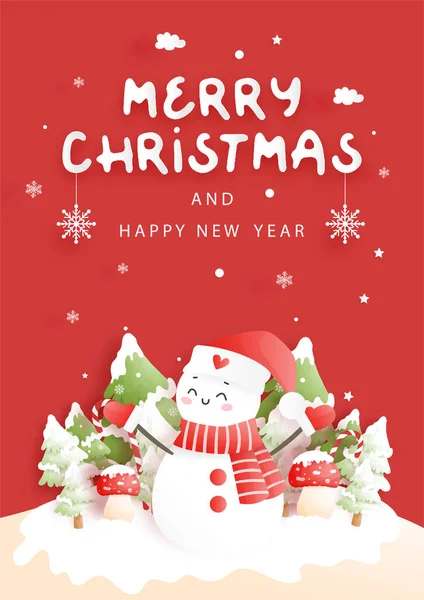 Χριστουγεννιάτικη Κάρτα Χαριτωμένο Χιονάνθρωπο Και Μανιτάρια Χαρτί Περικοπή Διανυσματική Απεικόνιση Διανυσματικά Γραφικά